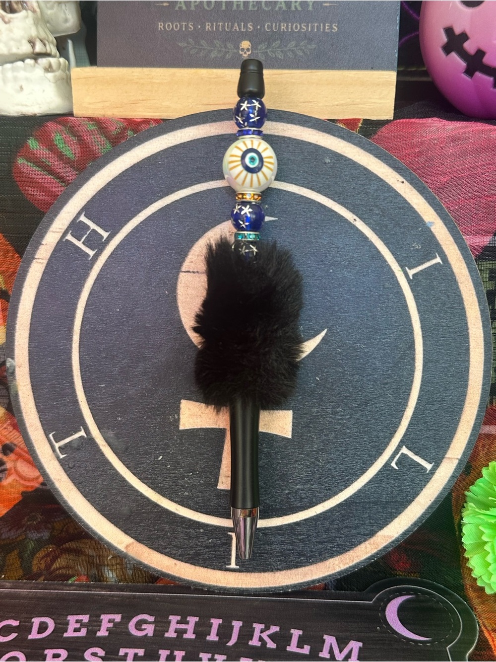 Handmade Evil Eye Beaded Pen – Black Fluffy Statement Pen